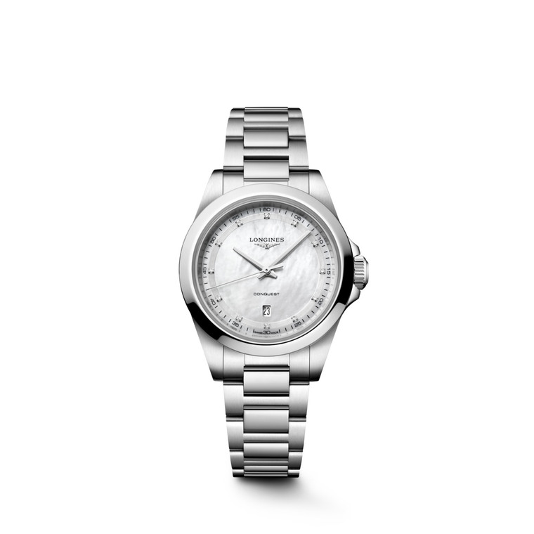 Longines Conquest L3.350.4.87.6 Swiss Made 30 mm quartz watch with a white mother-of-pearl dial, stainless steel case, and stainless steel bracelet.