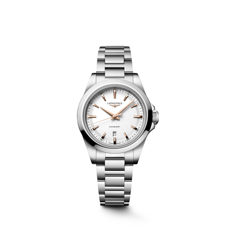 Longines Conquest L3.350.4.18.6 Swiss Made 30 mm quartz watch with a white sandblasted dial, stainless steel case, and stainless steel bracelet.