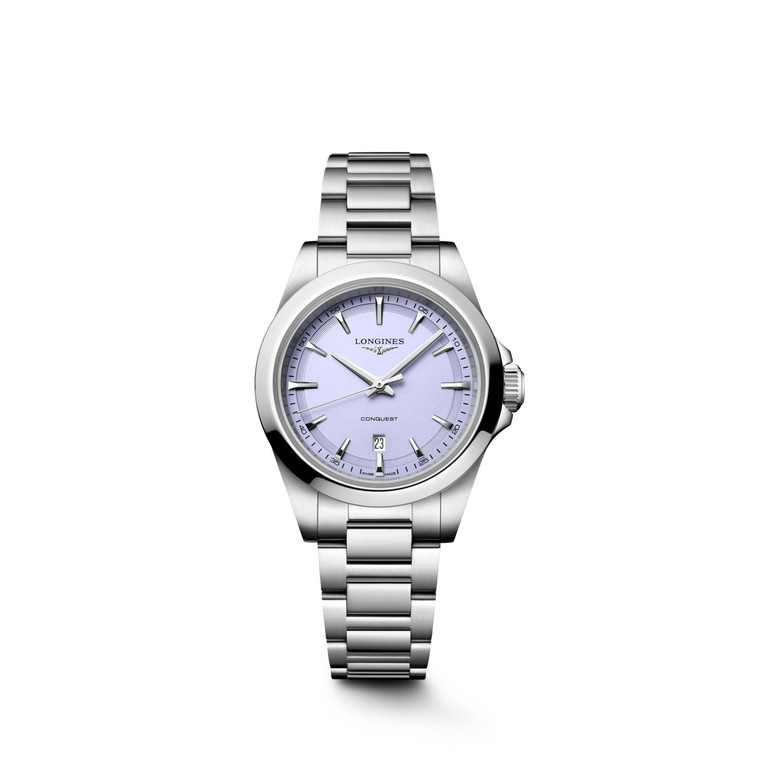 Longines Conquest L3.350.4.02.6 Swiss Made 30 mm quartz watch with a lavender mauve sandblasted dial, stainless steel case, and stainless steel bracelet.