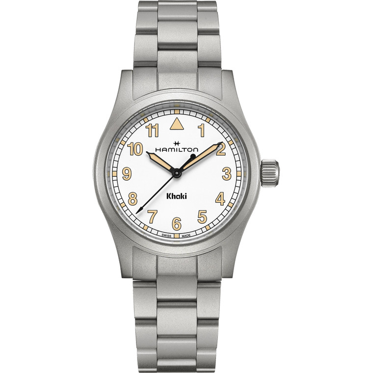 Hamilton Khaki Field Quartz H69401110 38mm watch with white dial, stainless steel case, sapphire crystal and stainless steel bracelet.