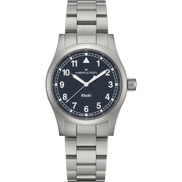Hamilton Khaki Field Quartz H69401140 38mm watch with navy blue dial, stainless steel case, sapphire crystal and stainless steel bracelet.