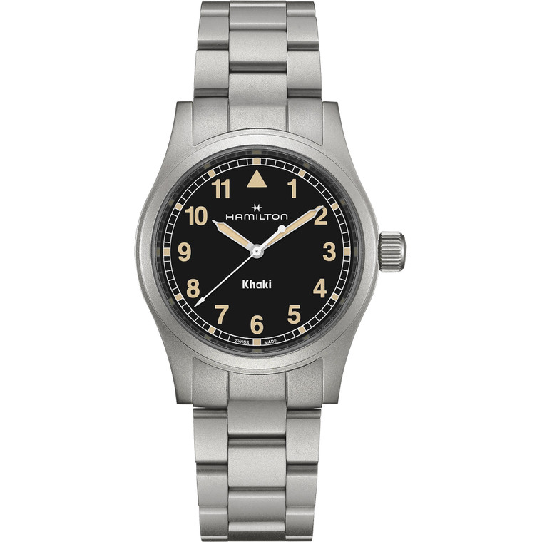 Hamilton Khaki Field Quartz H69401131 38mm watch with black dial, stainless steel case, sapphire crystal and stainless steel bracelet.