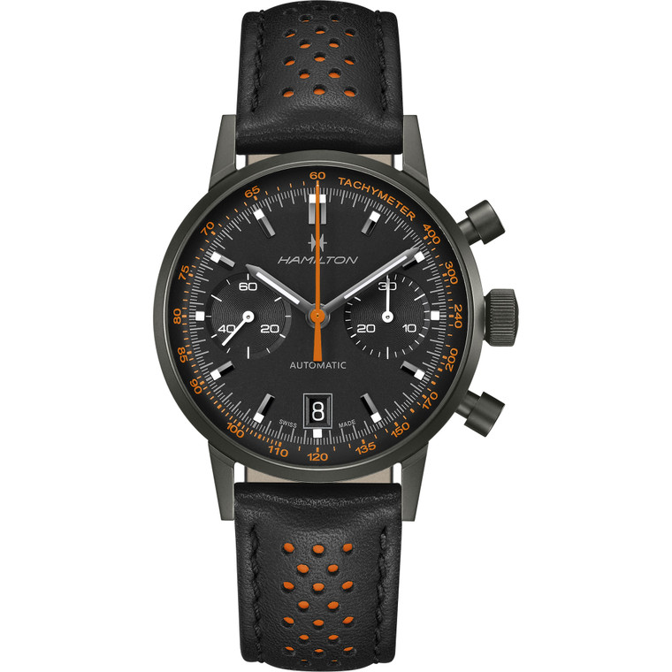 Hamilton American Classic Intra-Matic Auto Chrono H38446732 with 40mm black PVD case, black dial, orange accents and black perforated leather strap.