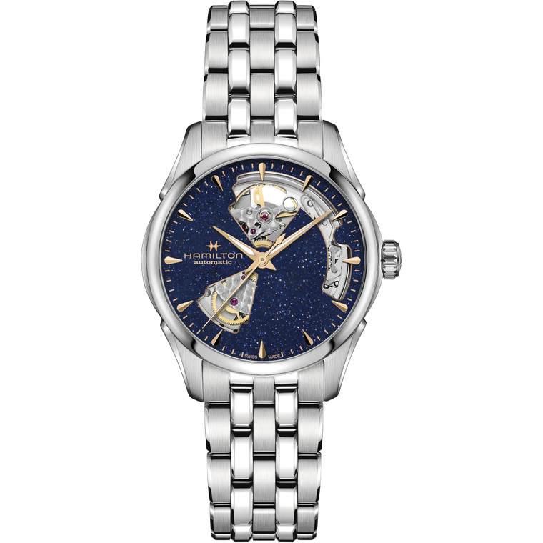 Hamilton Jazzmaster Open Heart Auto H32215142 36mm automatic watch with blue aventurine dial, stainless steel case and stainless steel bracelet.