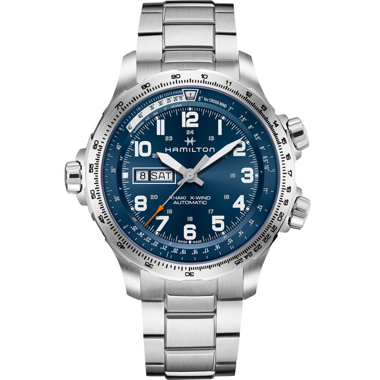 Hamilton Khaki Aviation X-Wind Day Date Auto H77765141 45mm automatic watch with blue dial, stainless steel case and stainless steel bracelet.