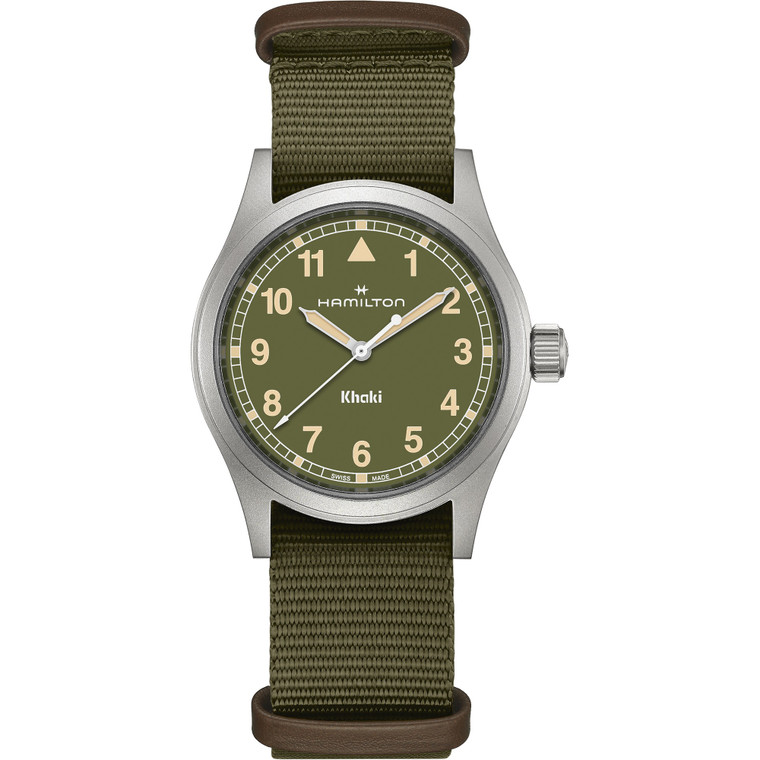 Hamilton Khaki Field Quartz H69401960 38mm watch with khaki green dial, stainless steel case and green NATO strap.