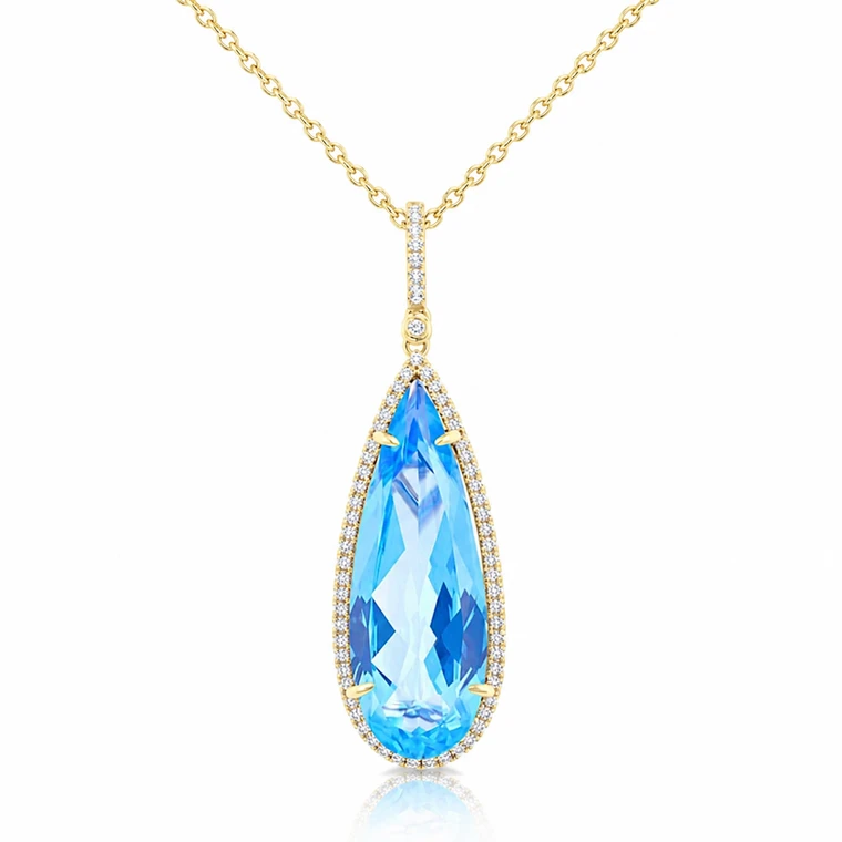 Evoque Pear Blue Topaz & Natural Diamond Pendant, 14K Yellow Gold, 18 in. Cable Chain [60346FHPDBTYG]