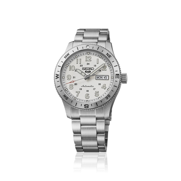 Seiko 5 Sports Field HDB007 41mm automatic watch with glossy silver-white dial, Arabic numerals, rotating compass bezel, stainless steel case and stainless steel bracelet.