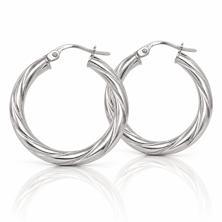 Mani 25 mm Twisted Tube Hoop Earrings in White Gold [N4515]