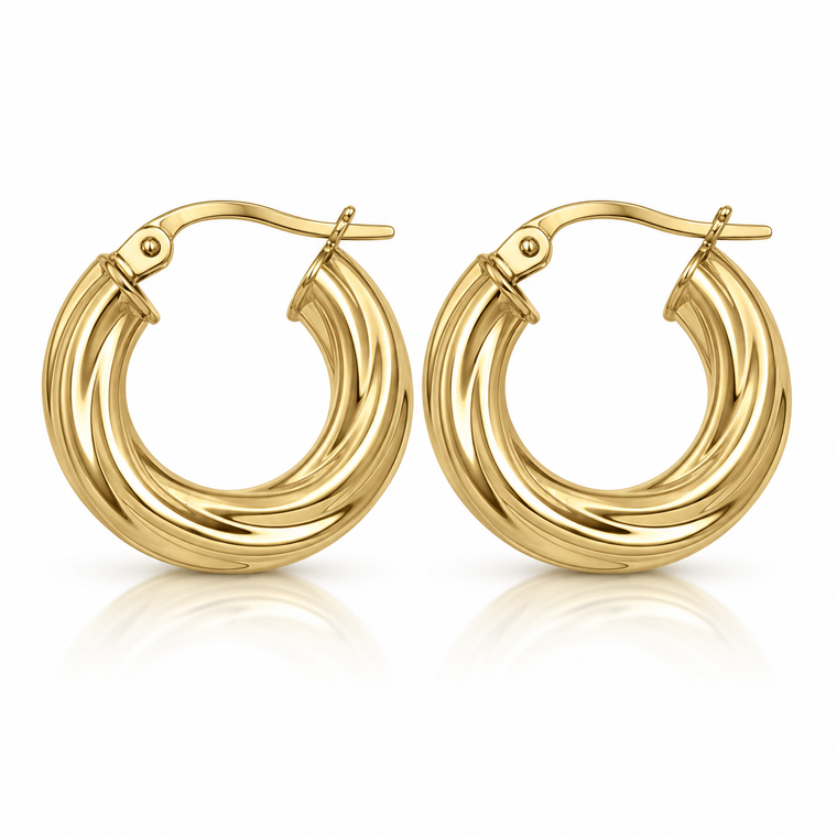 Yellow Gold Twisted Tube Hoop Earrings 18 mm [N4507]