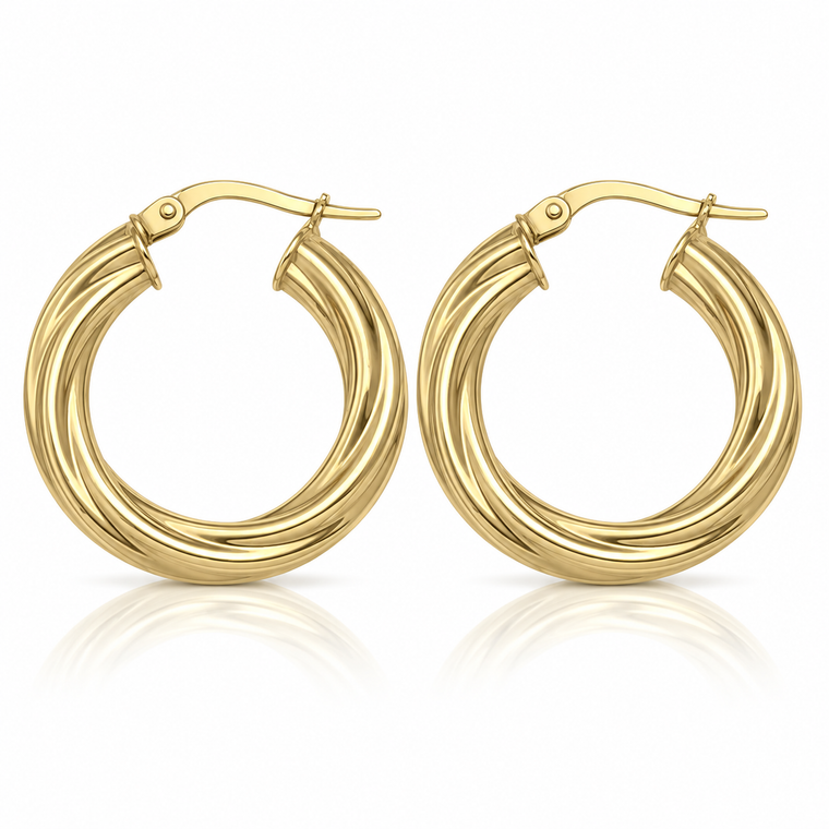 Yellow Gold Twisted Tube Hoop Earrings 22 mm [N4508]