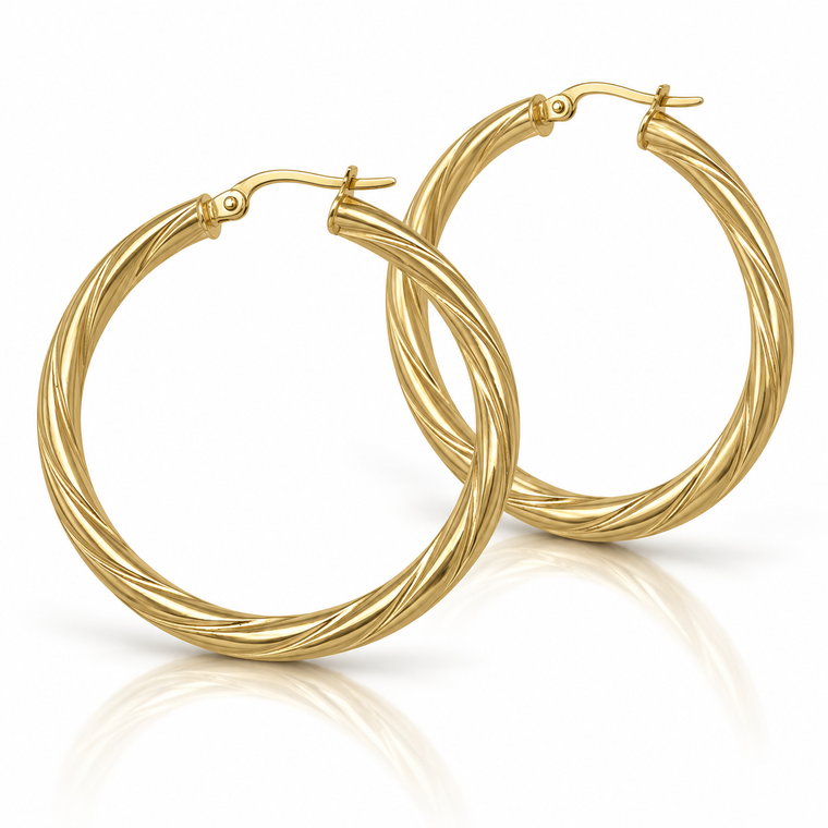 Yellow Gold Twisted Tube Hoop Earrings 35 mm [N4505]