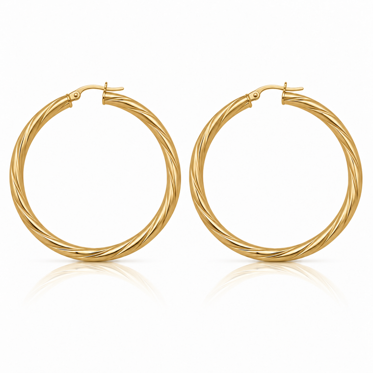 Yellow Gold Twisted Tube Hoop Earrings 45 mm [N4506]