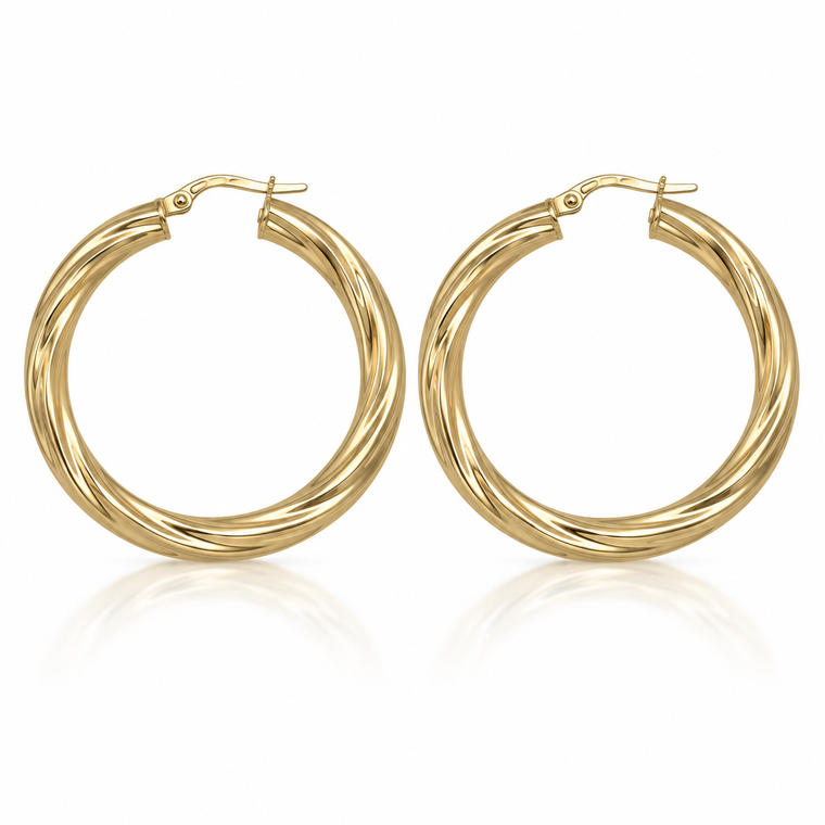 Yellow Gold Twisted 4 mm Tube Hoop Earrings 37 mm [N4510]