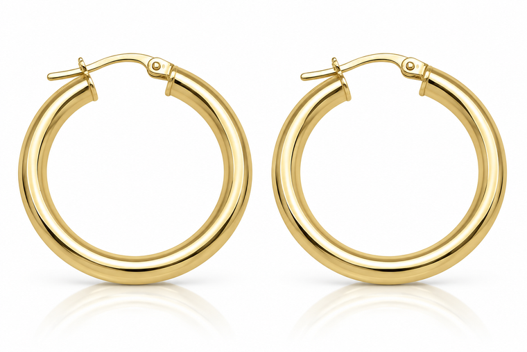 Yellow Gold 3 mm Tube Hoop Earrings 26 mm [N4403]