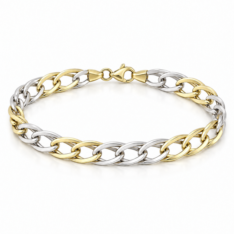10K Two-Tone Gold Double-Woven Hollow Link Bracelet 6.8 mm [TECA115]