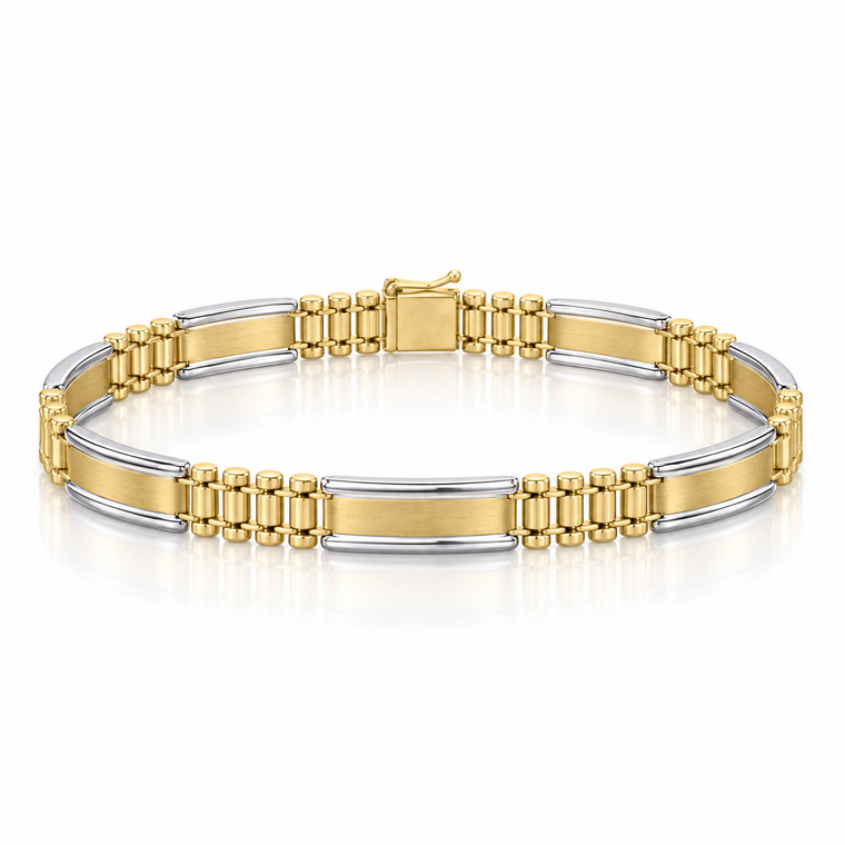 Men’s Two-Tone Gold Fancy Link Bracelet 8.6 mm, 8″ – 10K, 14K or 18K [N3803]