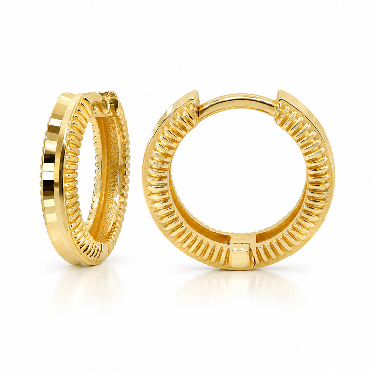 Italian 10K Yellow Gold Diamond-Cut Round Hoop Earrings – 14 mm [E329A]