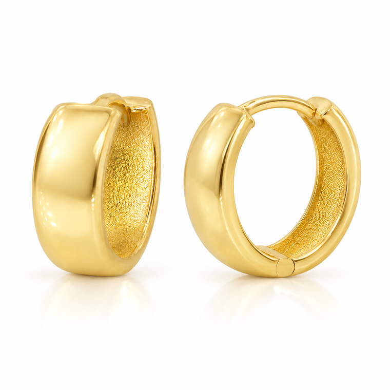 Italian 10K Yellow Gold Wide Huggie Hoop Earrings 14 mm [E086A]