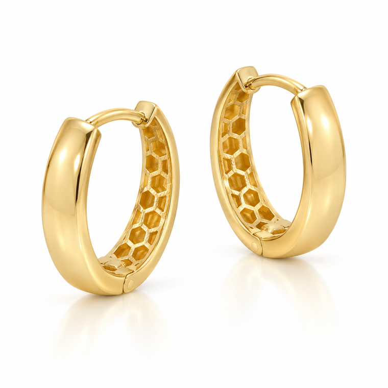 Italian 10K Yellow Gold Honeycomb-Interior Oval Huggie Earrings 11 × 13 mm [E085A]