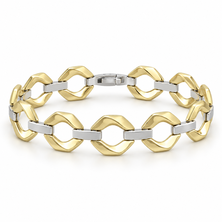 14K Two-Tone Gold Sculptural Link Bracelet 15.2 mm, 7.5″ [N3417]