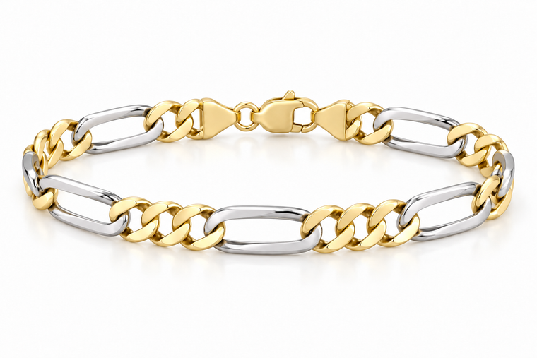 Two-Tone Solid Gold Figaro Bracelet 7.9 mm – 10K, 14K or 18K [N2301]
