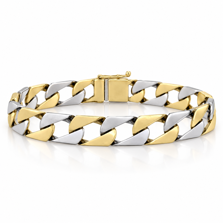 Two-Tone Solid Gold Flat Curb Bracelet 9 mm – 10K, 14K or 18K [N2314]