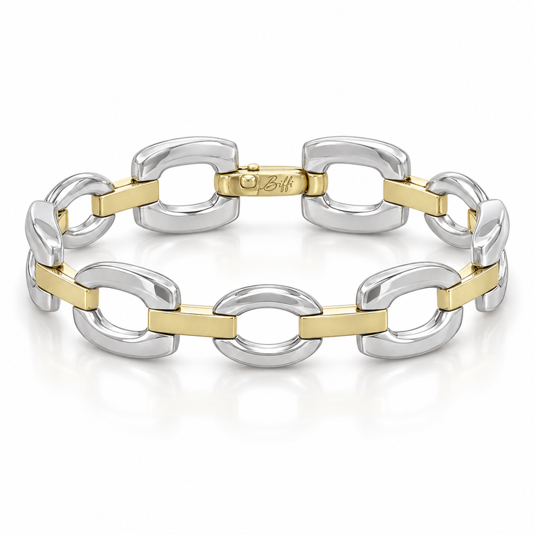 14K Two-Tone Gold Sculptural Link Bracelet Biffi Signature Collection 20 mm 8" [N3418]