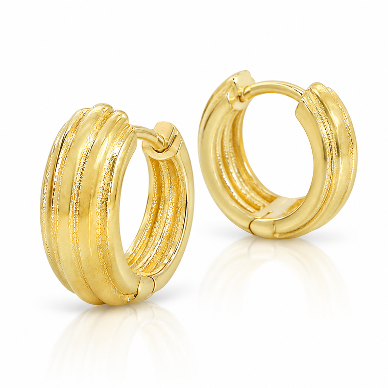 Italian 10K Yellow Gold Triple-Ridged Huggie Hoop Earrings 12 mm [E230]