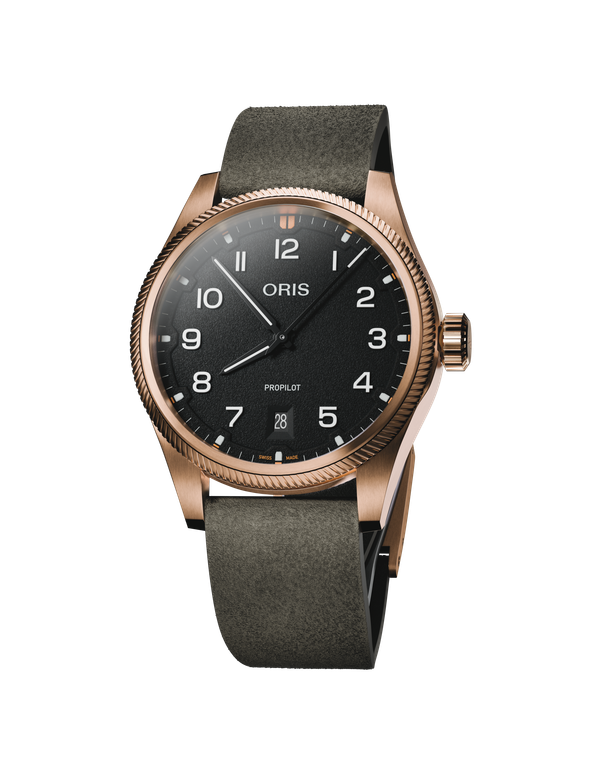 Oris ProPilot Bronze Date Automatic 41 mm Black Dial Green Suede Strap [01 733 7805 3164-07 6 20 22BRLC]