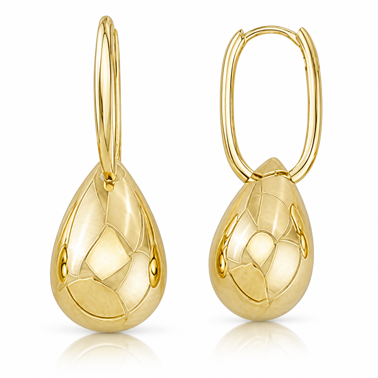 10K Yellow Gold Oval Paper Clip Hoop Earrings with Patterned Teardrops 14.5 mm [TECA323-YG]
