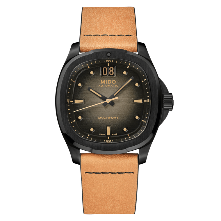 Front view of the Mido Multifort TV Big Date M049.526.36.081.00 with grey gradient dial, oversized date display and brown leather strap.