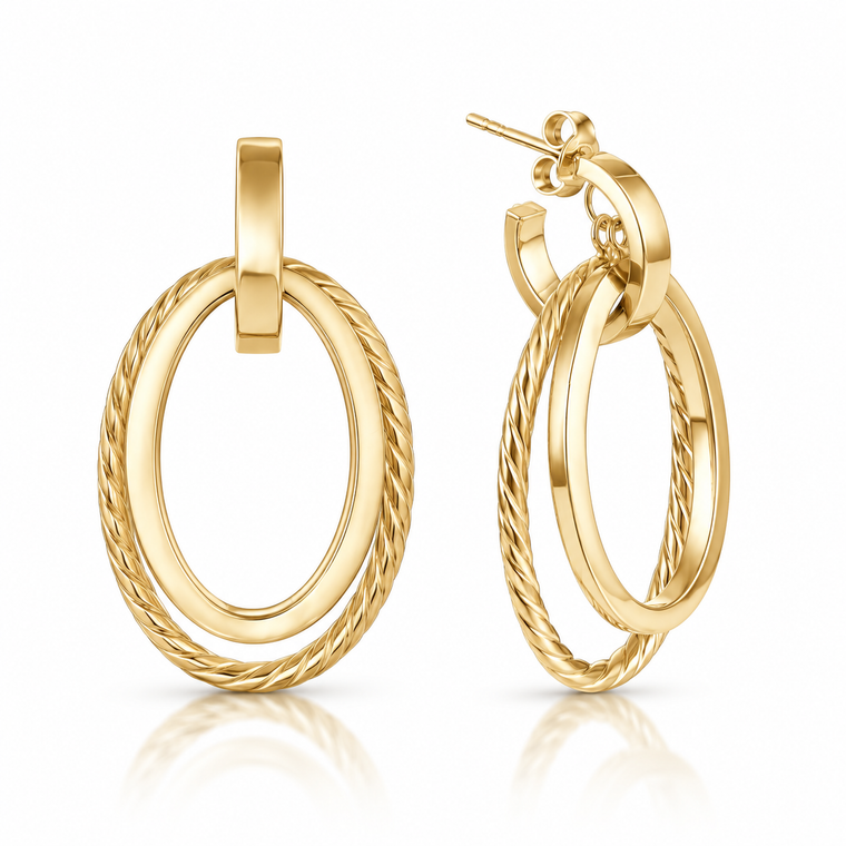 Italian 14K Yellow Gold Twisted Double Oval Drop Earrings [TTP22]