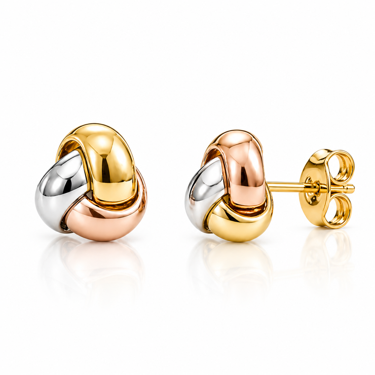 Italian 14K Tri-Colour Gold Love Knot Stud Earrings 9 mm [N4864-TRI]