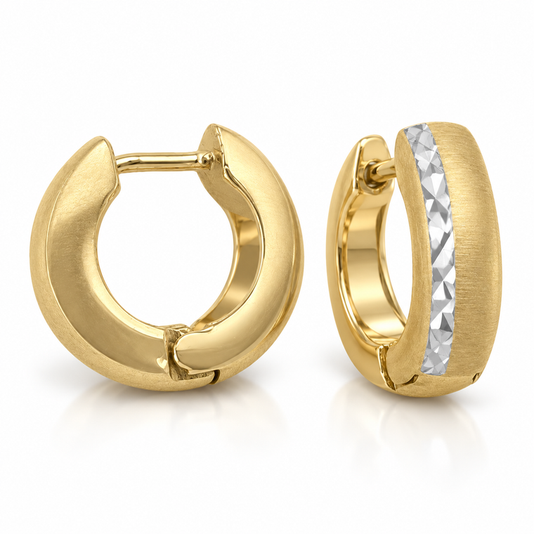 Italian 10K Two-Tone Gold Patterned Huggie Earrings 12.7 × 13.2 mm [CZE46]