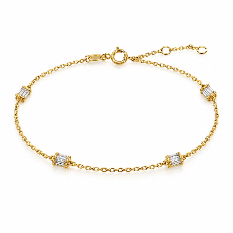 Italian 10K Yellow Gold Rectangular CZ Station Bracelet 6.5–7.5″ [B034A]
