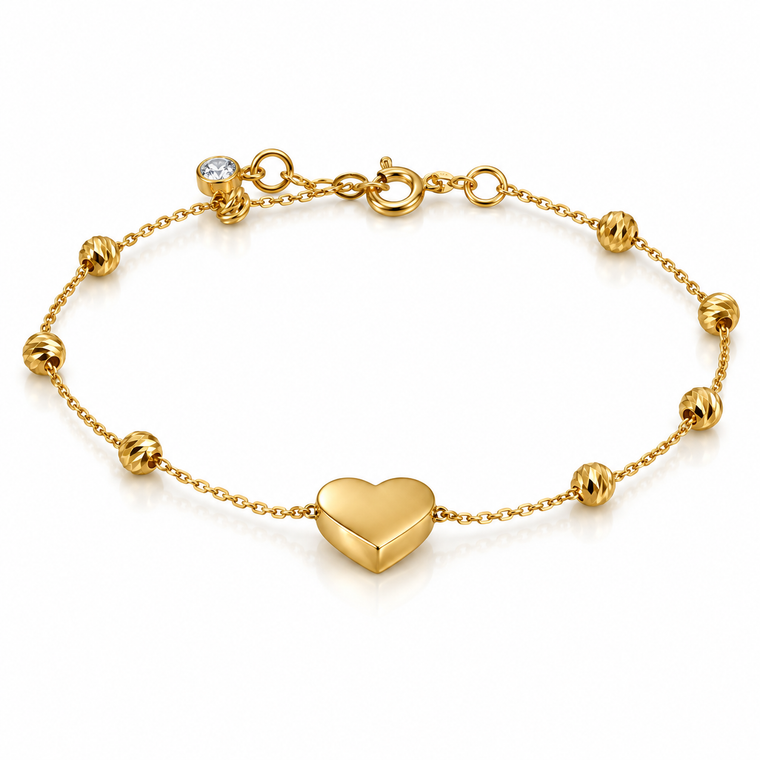 Italian 10K Gold Heart & Diamond-Cut Bead Bracelet 6.5–7″ [B031A]