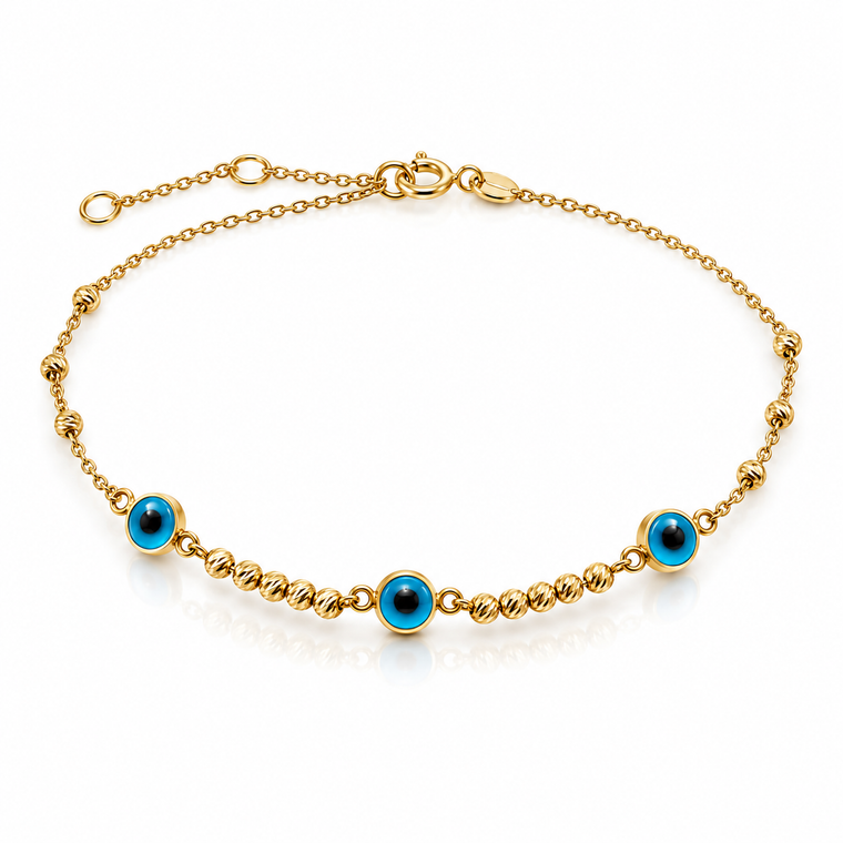10K Yellow Gold Evil Eye & Diamond-Cut Bead Bracelet 6.5–7.5″ [B056A]