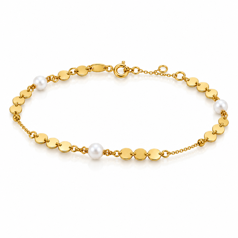 Italian 10K Yellow Gold 4 mm Disc and Freshwater Pearl Bracelet 6.5–7.5 in [B114]
