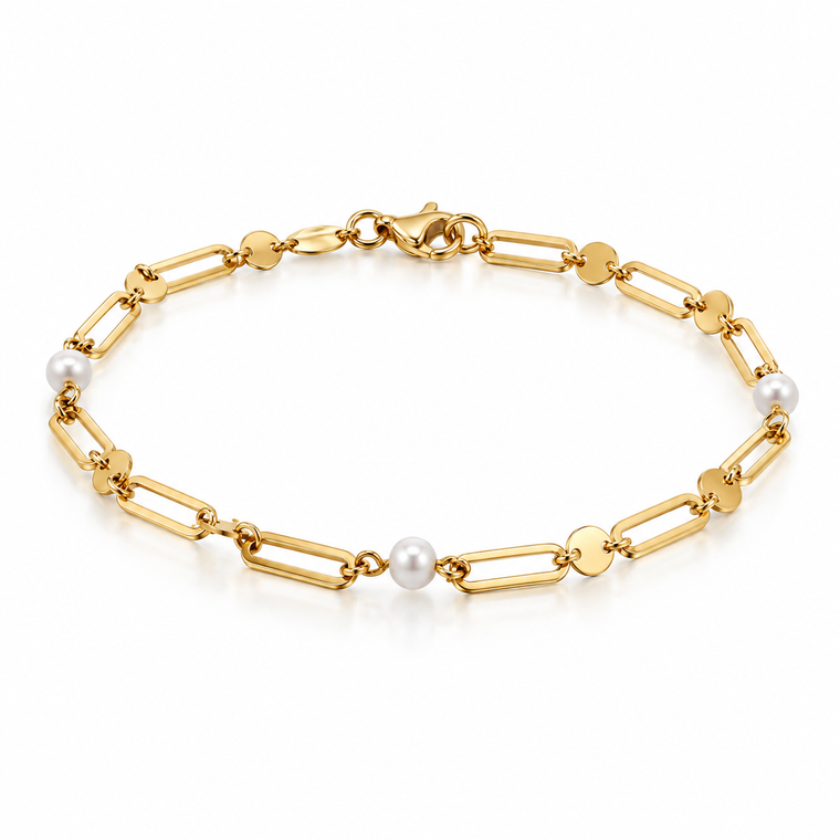 Italian 10K Yellow Gold 3.5 mm Freshwater Pearl Round and Oval Link Bracelet 7.5 in [B098]