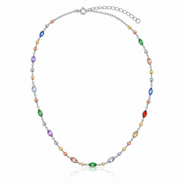 Italian 10K Three-Tone Gold Multicolour Marquise CZ Necklace 16–18 in [N075]