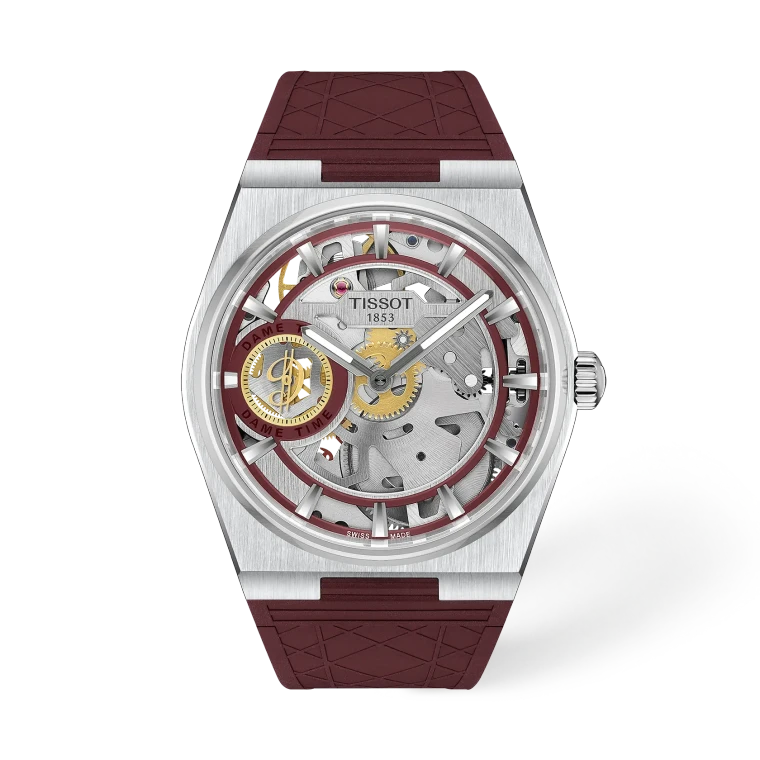 Front view of the Tissot PRX Skeleton Damian Lillard T137.405.17.371.00 with burgundy openworked dial and rubber strap.