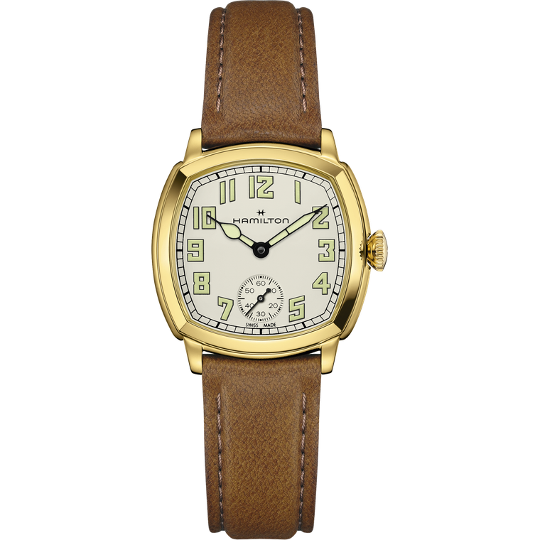Hamilton American Classic Cushion Mechanical H36119520 with beige dial, yellow gold-tone stainless steel cushion case and brown leather strap.