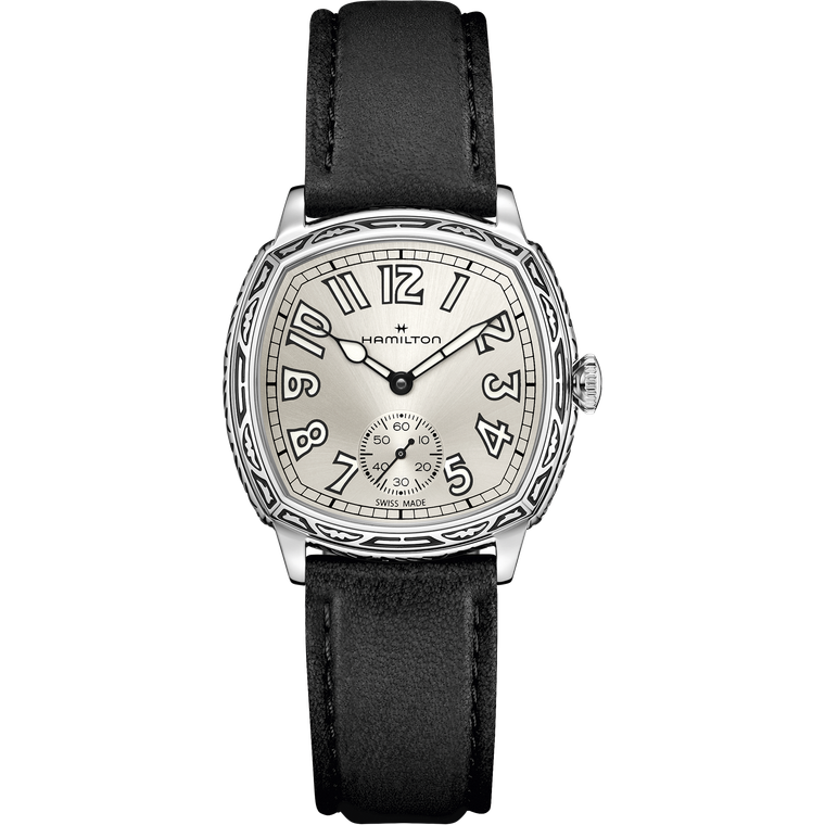 Hamilton American Classic Cushion Mechanical H36149710 with a 34 mm engraved stainless steel cushion case, silver-toned dial, small-seconds display and black leather strap.