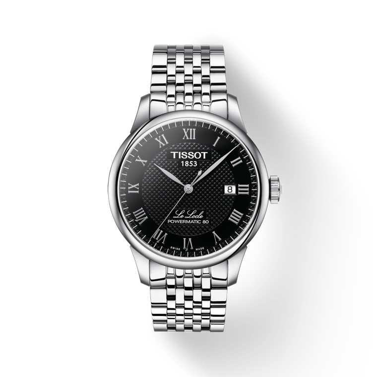 Front View: Tissot Le Locle Powermatic 80 39.3 mm with black dial and stainless steel bracelet.