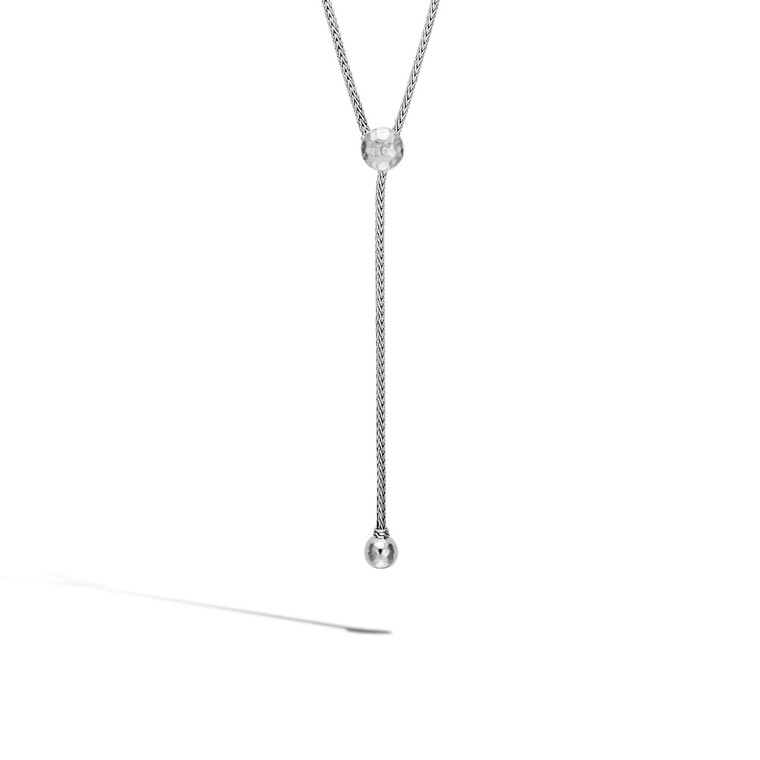 WOMEN's Classic Chain Hammered Silver Y-Shaped Slider Necklace, 32"