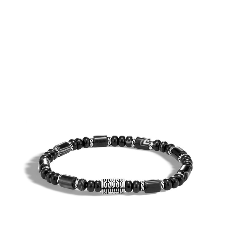 MEN's Classic Chain Silver Beads Bracelet with Banded Agate with Pusher Clasp, Size M