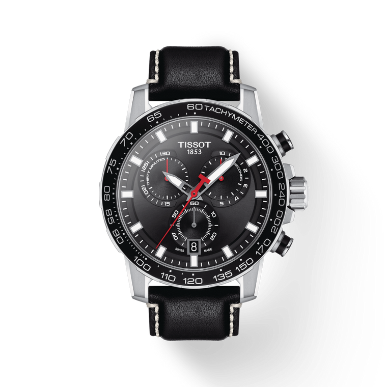Tissot Supersport Chrono 45.5 mm front view black dial leather strap
 Tissot Supersport Chrono 45.5 mm front view black dial leather strap