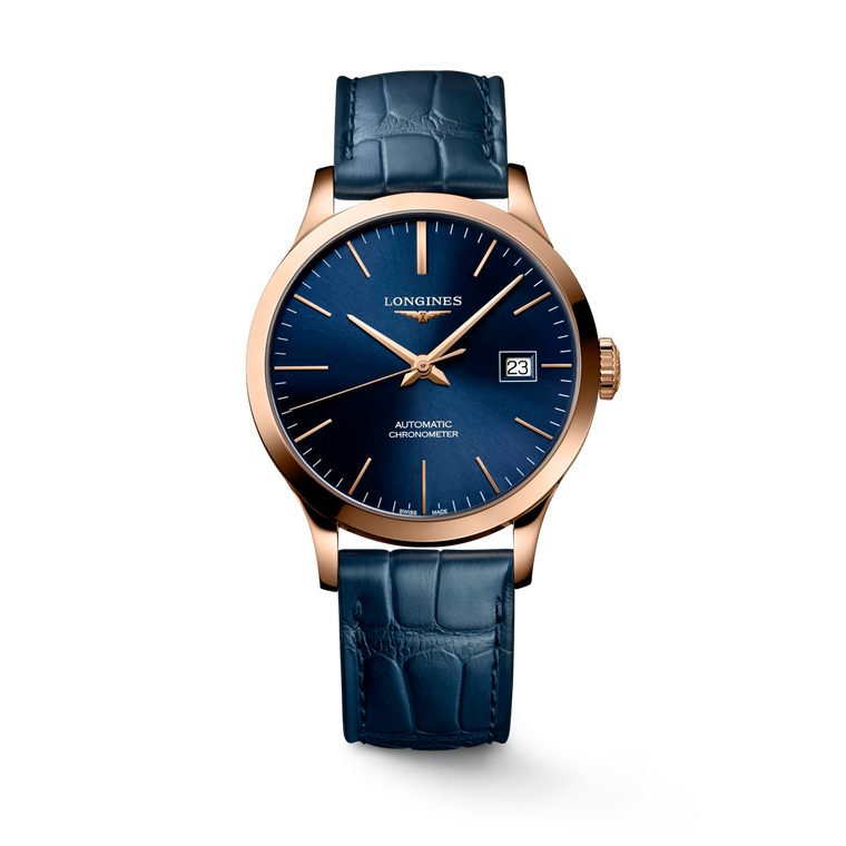Longines Record Automatic Chronometer 38.5 mm Sunray Blue Dial 18K Rose Gold Blue Alligator Strap [L2.820.8.92.2]