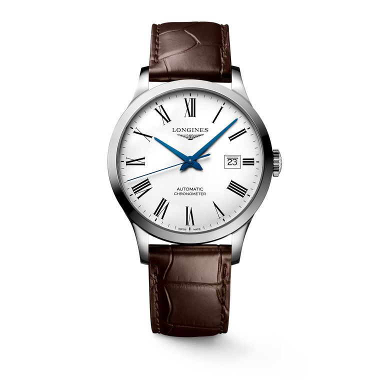Longines Record Automatic White Matt Dial Blued Hands Brown Alligator Strap 40 mm [L2.821.4.11.2]
